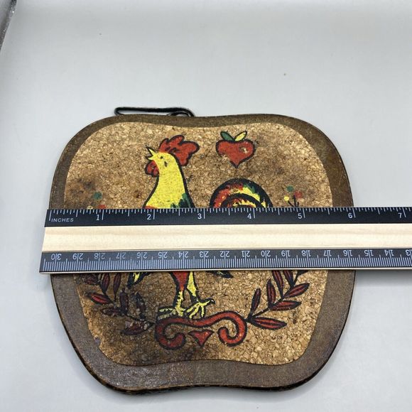 Vintage 60s Hand Painted Folk Art Wood / Cork Hot Plates Trivets (2) Apple Shape - Picture 8 of 10